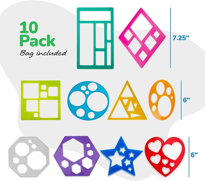 Karty Thick Shape Stencil Set with Case, 10pcs Sturdy Plastic Drawing Templates for Kids, Teacher Classroom Supplies and Preschool Arts & Crafts, Colorful Learning Kit for Toddlers Ages 4+