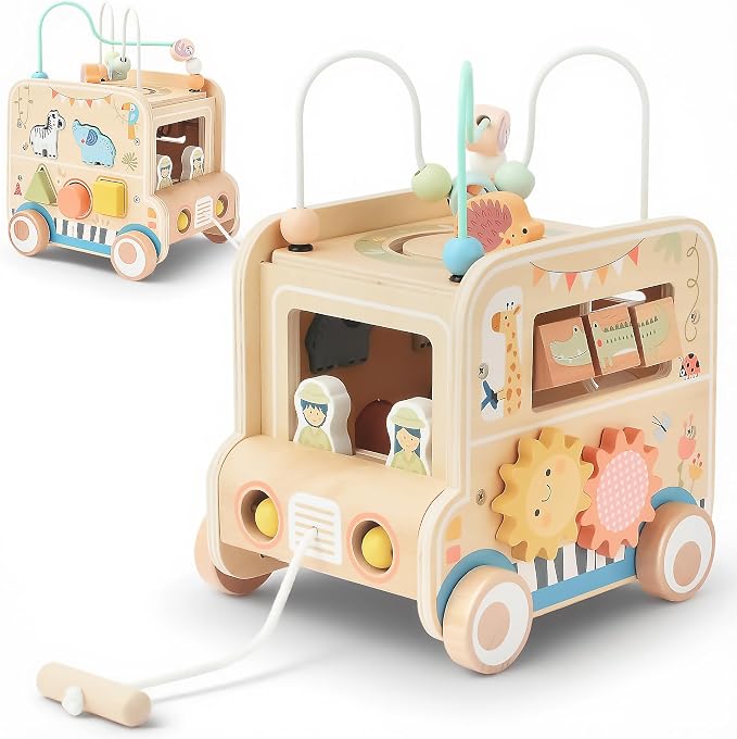 Pithfor Wooden Pull Along Activity Cube Toys, Montessori Toys for 1 2 3 Year Old Baby Toddlers, Baby Activity Cube for 1 Year Old, 1st First Birthday Gift