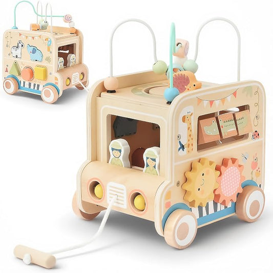 Pithfor Wooden Pull Along Activity Cube Toys, Montessori Toys for 1 2 3 Year Old Baby Toddlers, Baby Activity Cube for 1 Year Old, 1st First Birthday Gift