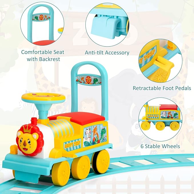 Costzon Ride on Toys, 6V Electric Ride on Train with Tracks, Storage Seat, Flashing Lights & Music, Backrest, Anti-tilt Device, Gift for Toddler Boys & Girls, Battery Powered Ride on Car (Blue)