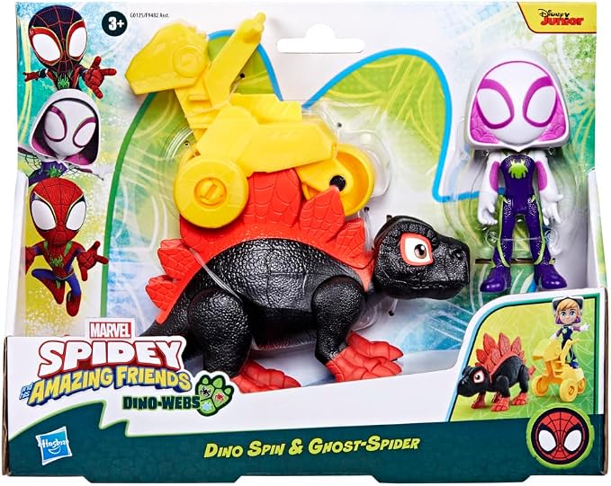 Marvel Spidey and His Amazing Friends Dino-Webs Dino Spin & Ghost-Spider 4-inch-Scale (10cm) Spider-Man Action Figure Set, Toys for Kids Ages 3 and Up