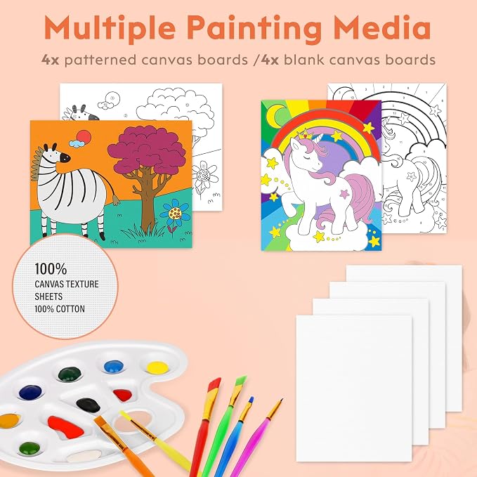 54 Pieces Acrylic Paint Set for Kids,Arts and Crafts Gifts ,Arts Supplies and Painting Kits for Kids with 8 Canvas Panels,2X 12 Paints,2 Art Smocks,2 Easels,Etc,Christmas Gifts