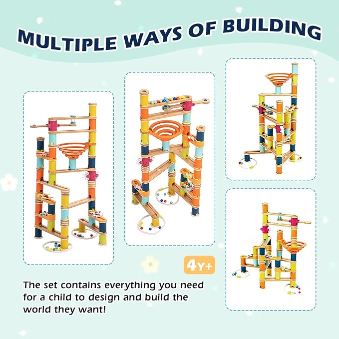 146pcs Bamboo Marble Runs Building Construction Toy Set with Musical Ball, Simple Maze for Children Age 3+
