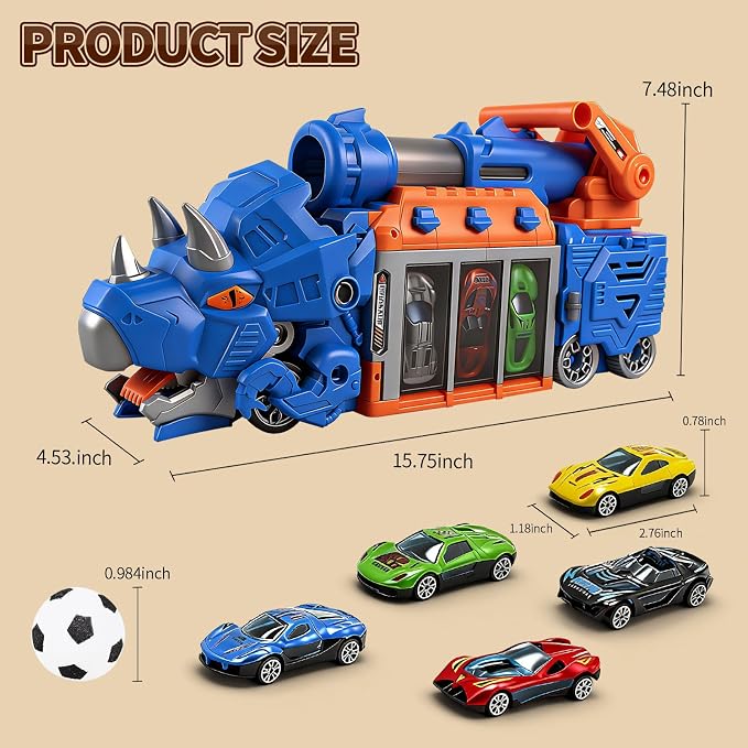 STBEIMEIMY Triceratops Dinosaur Truck, Foldable Storage & Shooting with 10 Cars Foldable Storage Holds 10 Cars & 12 Soft Balls, Sturdy Non-Toxic Build, Indoor & Outdoor Play