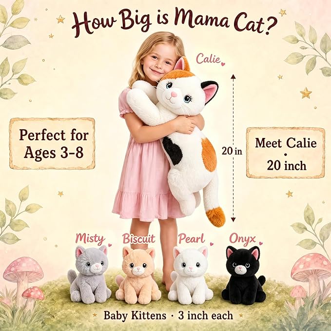gnomantic Cat Stuffed Animals with Babies Inside, Mommy Toy for Kids | 5-Piece set: 1 mommy cat + 4 baby kittens inside. Unzip belly to reveal surprise babies. Ultra-soft, ages 3-8.