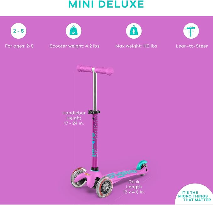 Micro Kickboard | Mini Kids Scooter for Ages 2-5 | Children up to 110 lbs | 3 Wheel Lean-to-Steer Design | Adjustable T Bar | Smooth Ride PU Wheels | Swiss Design