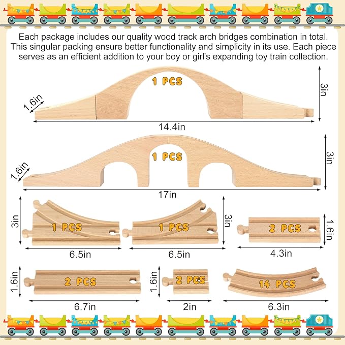 JarThenaAMCS 24Pcs Wood Train Track Expansion Set Wooden Track Connectors Adapters and Bridges Straight Wooden Train Tracks Accessories for Most Major Toy Railway