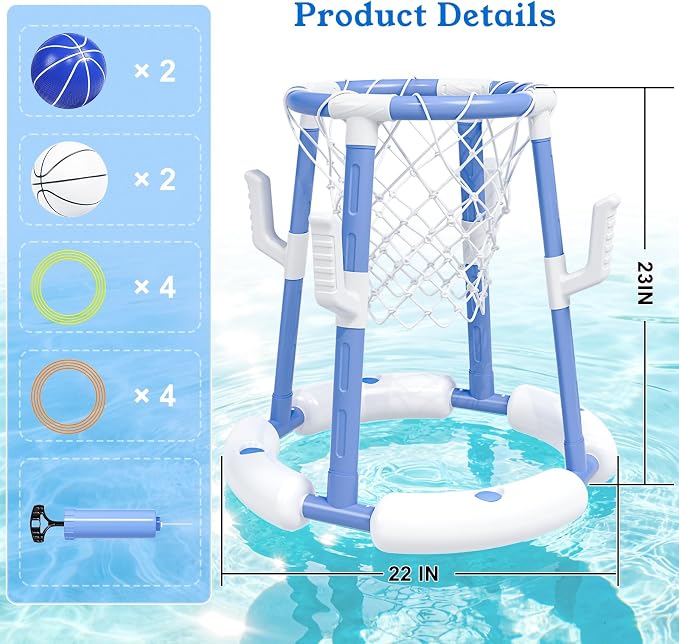 Pool Basketball Hoop&Ring Toss Game 2-in-1 Floating Pool Toy with 4 Balls 8 Rings&Pump,Outdoor Swimming Basketball Party Games Water Play Toy Anti-Tip Stable Base Summer Gift for Kid 4-8 8-12& Adult