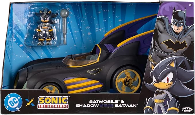 DC X Sonic Batmobile Shadow-fied! with Cool 2.5 Inch Shadow Action Figure as Batman, from the DC x Sonic the Hedgehog Comic Book Series - A Collector's Must Have!