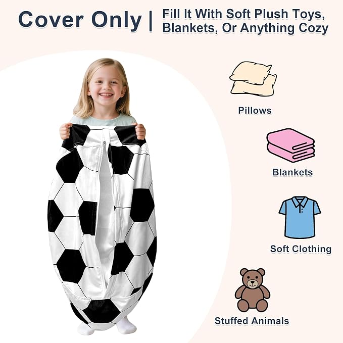 Lukeight Soccer Stuffed Animals Storage Bean Bag Chair Cover for Kids Toddlers, Cozy Velvet Plush Toy Organizer Seat, Cover Only, No Filling Included, Long YKK Zipper, Side Pocket, Large 27 x 16 in