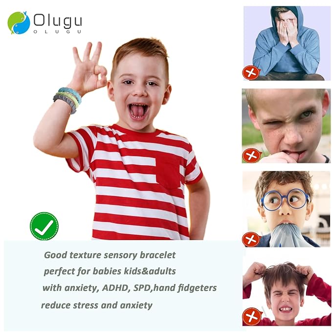 Olugu Chew Bracelet for Sensory Kids, 4 Pack Textured Sensory Bracelets for Kids with Autism ADHD Anxiety or Special Needs, Fidget Toys Bracelets for Girls Boys Chewing Biting
