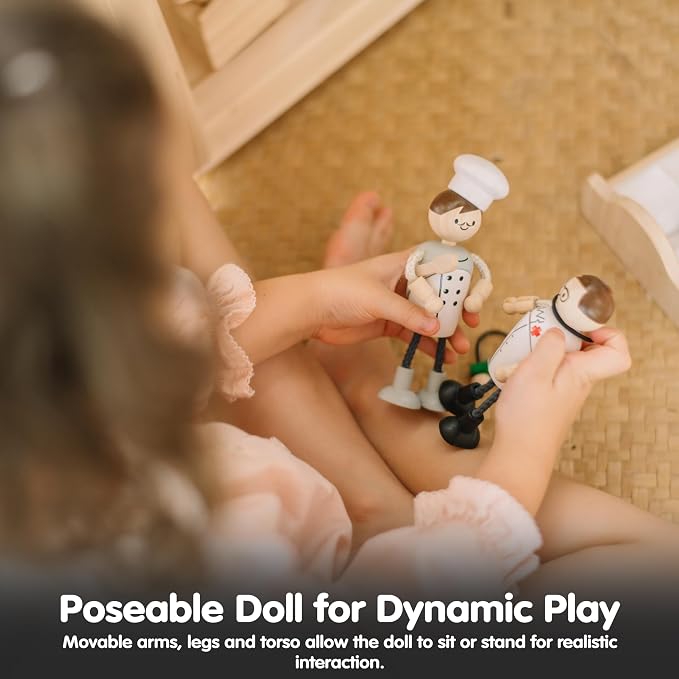 PlanToys® Wooden Doctor Role Play Doll | Poseable 1:12 Scale Character Figure for Dollhouse Play, Medical Scenarios & Social Interaction | Eco Friendly Montessori Pretend Play Figure