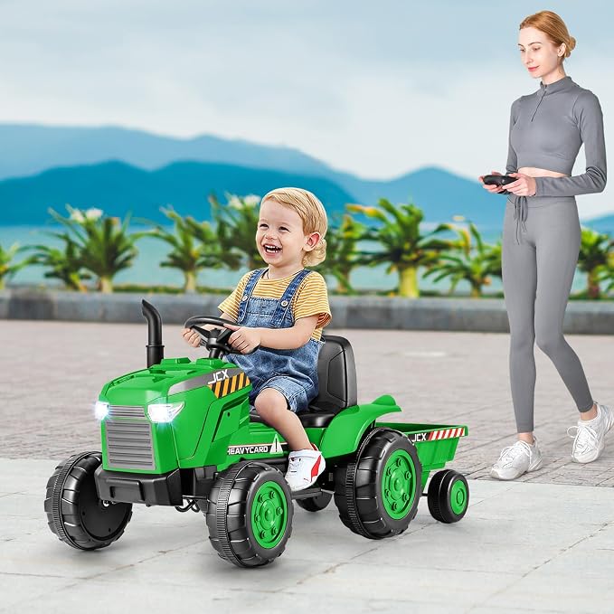 Costzon 2-in-1 Ride on Tractor, 12V Kids Ride on Car w/Detachable Trailer, Remote Control, Wireless Connection, Horn, Music/Lights/Spring Suspensions, Tractor Toys for Kids (Plastic Tires, Green)