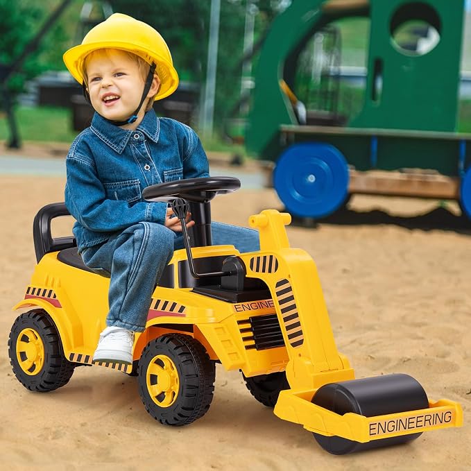 Costzon Ride on Road Roller, Sliding Kids Car with Adjustable Roller, Under-Seat Storage, Anti-Tipping Block & Engine Sound, Construction Vehicle Ride on Push Car for Toddlers Aged 19-36 Months