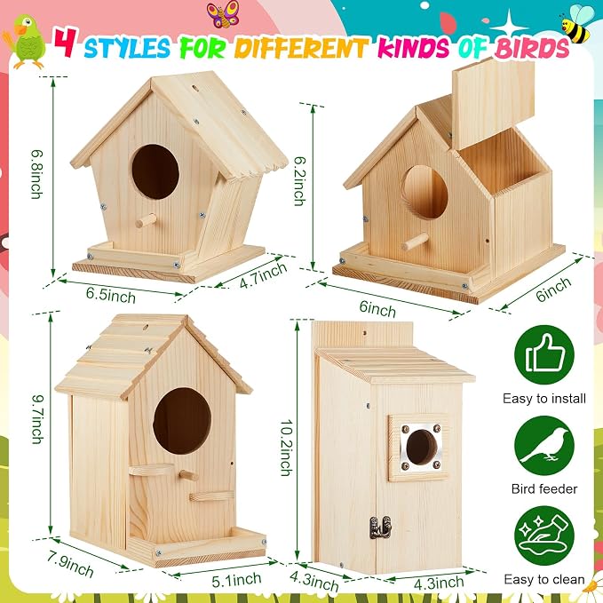 Liliful 4 Pack Birdhouse Crafts for Kids, Wooden Creative DIY Bird House Kits Arts and Crafts Set for Kids and Adults, Spring Birthday Gifts for Toddlers Ages (Playful Style)