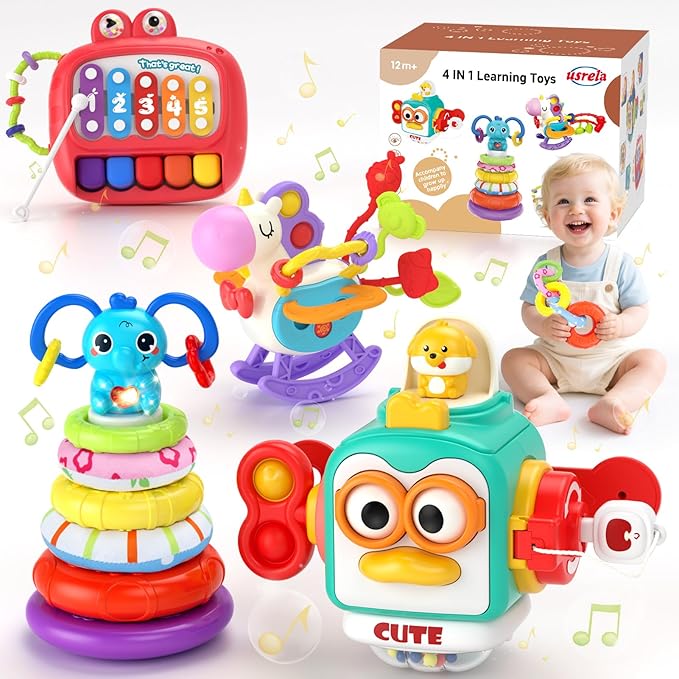 usrela 4 in 1 Baby Toy for 12 18 Month, Learning Toys for Babies 12-18 Months, Baby Busy Cube, Stacking Sorter, Pull String & Piano Xylophone Travel Toy, Birthday Gift for 1 2 Year Old