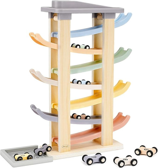 Joyreal Montessori Toddler Toys for 1 2 3 Year Old - 7 Level Wooden Car Ramp Racer Toys with 8 Mini Cars & 2 Garages - Christmas Birthday Gifts for 1-2 Year Old Boys and Girls