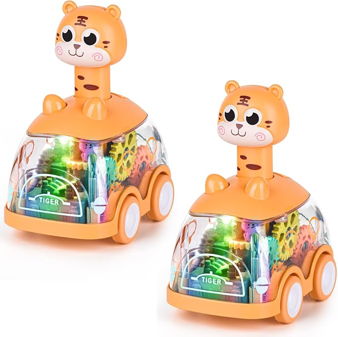 ShinySong Press and Go Car for Toddlers, 2 Pack Light Up Baby Animal Car Toys with Visible Gears, Birthday Gifts for Boys Girls, Tiger 2PCS