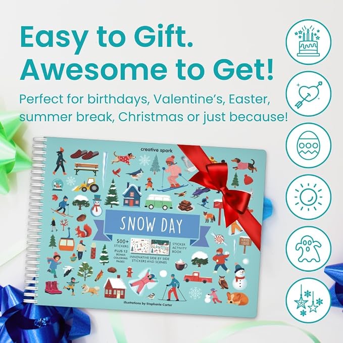 Snow Day 500+ Kids Sticker Book by Cupkin Fun Toddler Winter Activity Coloring and Sticker Book, Road Trip Essentials, 12 Coloring Pages 12 Side by Side Scenes for Ages 2–8 Years
