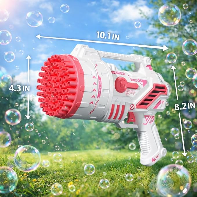 Bubble Gun for Kids, 69-Hole Bubble Blaster with LED Lights, Pink | 69-hole bubble machine gun for kids ages 4-8, with LED lights for summer, birthday, party and outdoor play.
