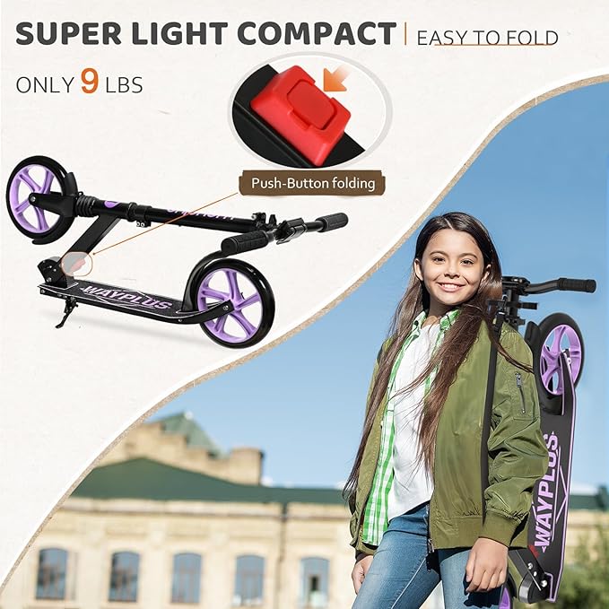 WAYPLUS KS1 Kick Scooter for Ages 6+,Kid, Teens & Adults. Max Load 240 LBS. Foldable, Lightweight, 8IN Big Wheels for Kids, Teen and Adults, 4 Adjustable Levels. Bearing ABEC9 FED Fitness