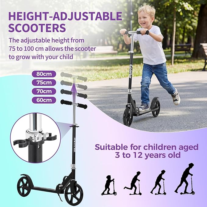 Kick Scooter for Ages 6+,Foldable Lightweight 8IN Big Wheels Scooter for Kids, Teen and Adults, 3 Adjustable Levels