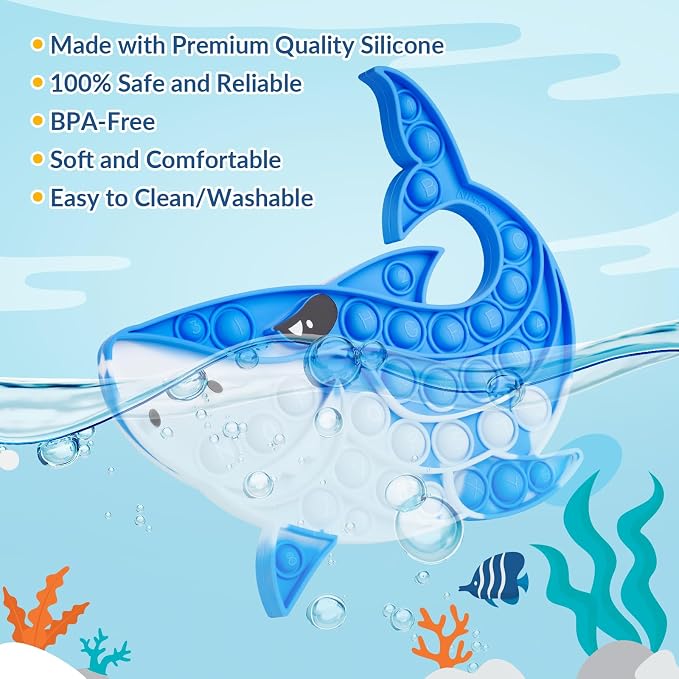Shark Pop Fidget Toy for Kids & Adults, 8.74"x7.87" Large Silicone Sensory Bubble Toy for Stress Relief & Focus, Tie-Dye Blue Push Popper for ADHD Autism Anxiety, Reusable & Washable Press Toy