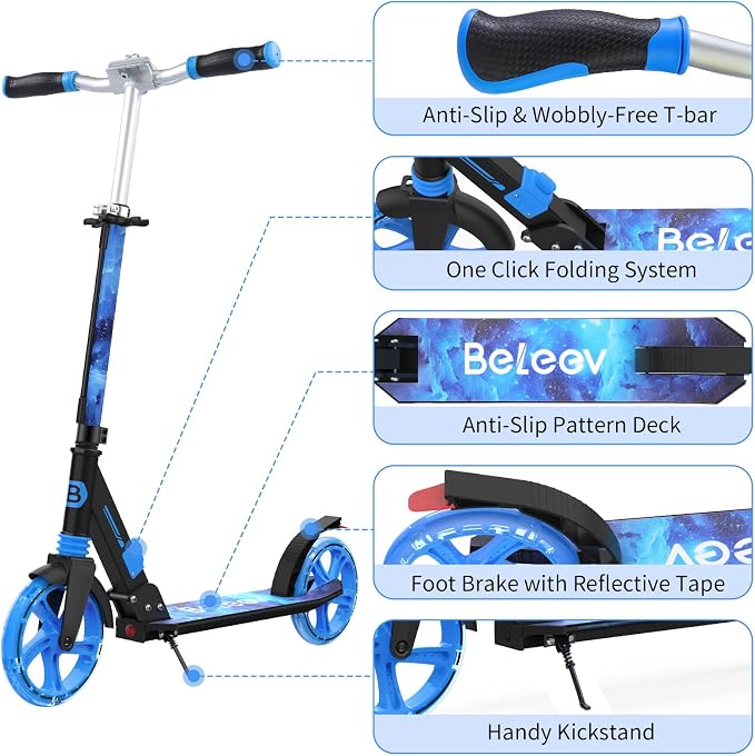 BELEEV V8 Scooters for Kids Ages 6+ with Light-Up Deck, 2 Wheel Folding Scooter for Kids, 4 Adjustable Height, Lightweight Sport Commuter Scooter, Sturdy Frame