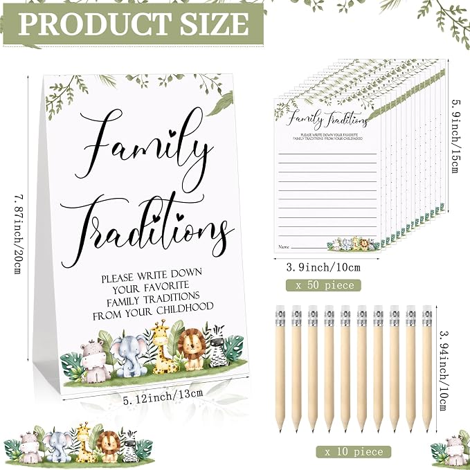Fumete 61 Pieces Family Tradition Baby Shower Games Include 1 Family Traditions Standing Sign and 50 Activities Cards with 10 Pencils for Gender Reveal Bridal Shower Wedding(Green,Forest Animals)