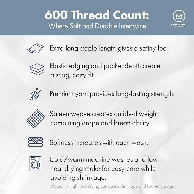 Threadmill 100% Cotton Sheets for Queen Size Bed - 600 Thread Count Queen Bed Sheets Set with 16” Deep Pocket - Damask Stripe Sateen Weave 4-Piece Bedding Set with Cooling Effect, Blue
