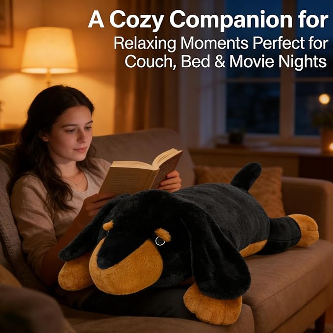 MorisMos Black Dachshund Stuffed Animal Body Pillow, 39-Inch Long Plush Weiner Dog Pillow for Dog Lovers, Soft Embroidered Lazy Eyes Sausage Dog Cuddle Pillow for Couch & Bed