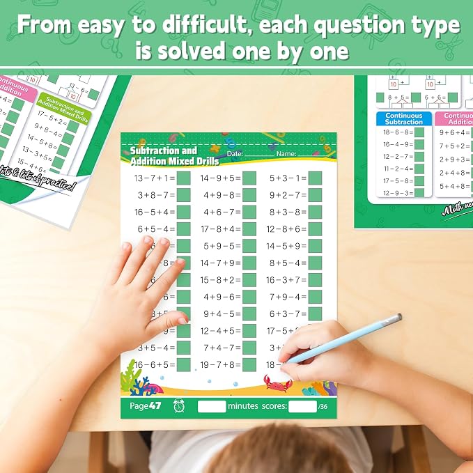 Addition and Subtraction Workbook 1st Grade Math Workbook Math Worksheets Single&Double Digit Numbers Practice Math Worksheets for Home School, 56 Pages Front and Back, 5 Question Types