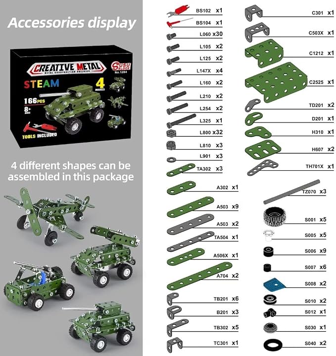 Ferthor Fun Metal Building Military Series Assembly Toys,Small Construction Set for Kids Ages 4-8, Military Toys for Boys Age 8-12,STEM Toy Gifts for Model Army Kit(166pcs No Motor)