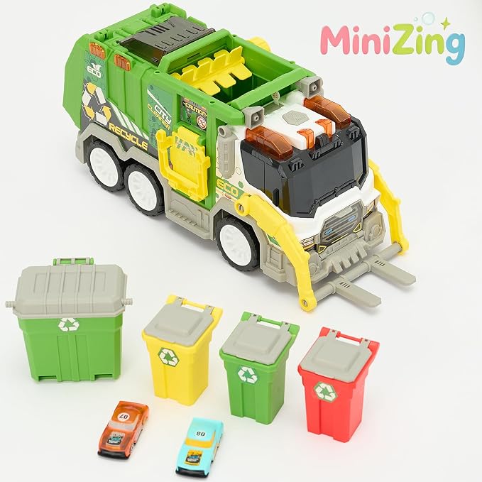 Truck Toy Set for Boys Girls Kids Toddler Gift of Easter Basket Stuffers | 4 bins, 2 launch cars, side clamp, top disposal. Friction power. Indoor/outdoor. Sparks exploration & new play ideas