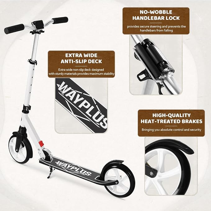 WAYPLUS KS1 Kick Scooter for Ages 6+,Kid, Teens & Adults. Max Load 240 LBS. Foldable, Lightweight, 8IN Big Wheels for Kids, Teen and Adults, 4 Adjustable Levels. Bearing ABEC9 FED Fitness