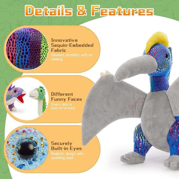 MaoGoLan 6Pcs Stuffed Animals Bulk Dinosaur Plushies with Sequin, 12'' Stuffed Dinosaur T-Rex Blue Velociraptor Toys Collectible Dino Squad for Kids Gifts Christmas Halloween Decorations