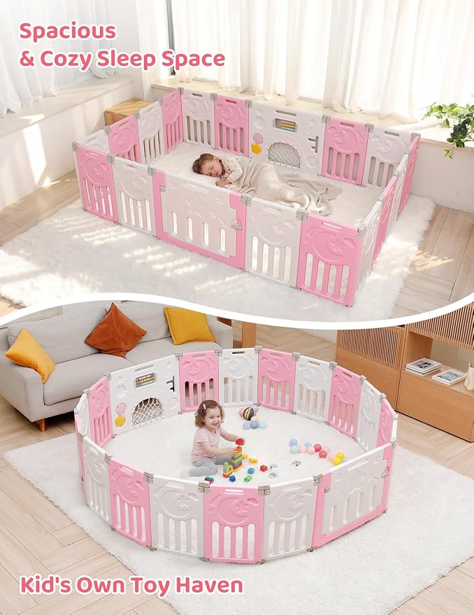 Dripex Baby Playpen, 18-Panel Foldable Playard for Toddlers 6-36 Months, Adjustable & Portable Indoor Outdoor Safety Play Area with Anti-Pinch Design, Game Panel and Safety Gate, Pink White