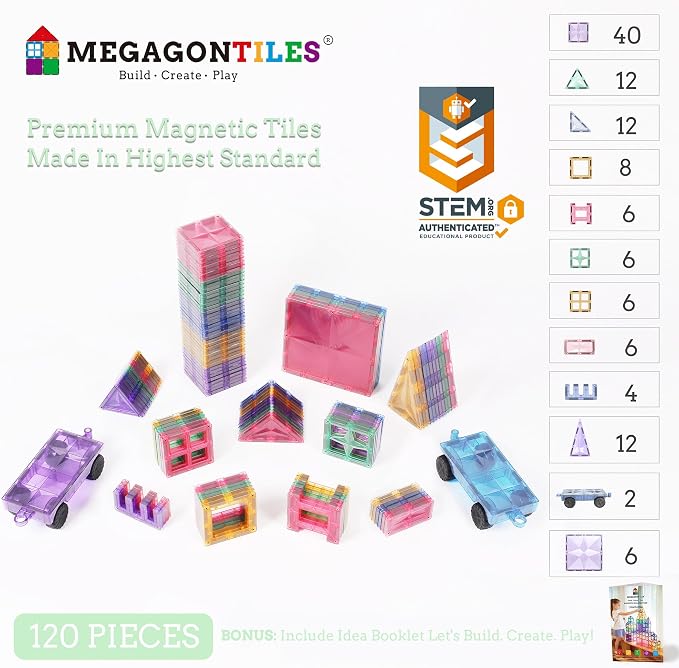 MEGAGONTILES 120PCS Premium Magnetic Tiles Set | STEM-Authenticated Magnetic Building Blocks | Educational Construction Toy for Kids Ages 3–8 (Boys & Girls)