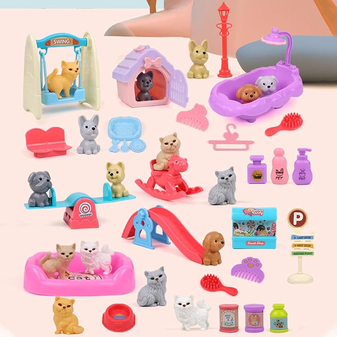 45Pcs Pet Pretend Play Toy Dollhouse Playset Accessories,Cat Puppy Dog Hamster Realistic Animals Tiny Mini Figures Furniture,Vet Care Center Preschool Educational Gift Boys Girls Kids Toddler