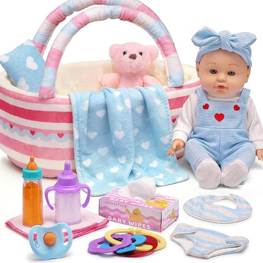 Uzoxlsn 15 Pcs Baby Doll Accessories with 12" Doll, Cotton Carrier Bassinet, Bedding, Feeding & Caring Set, Magic Bottle, Pacifier, Diaper, Blanket, Pretend Play Game Gift for Girls Age 3+ Toddler