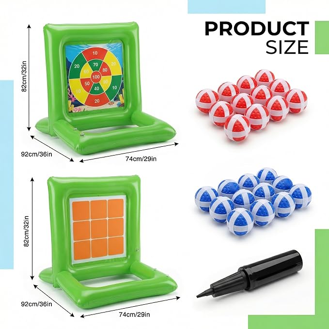 Pool Toys for Kids & Adults, 2-in-1 Dart Board and Tic Tac Toe Pool Game with 24 Sticky Balls, Family Summer Water Games for Backyard, Pool Party and Swimming Pool, Green