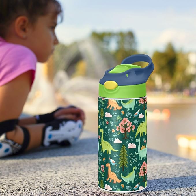 Boccsty Funny Dinosaur Kids Water Bottle with Straw Lid Animal Tropical Leaves Dino Insulated Stainless Steel Reusable Tumbler for Boys Girls Toddlers 12 oz Green