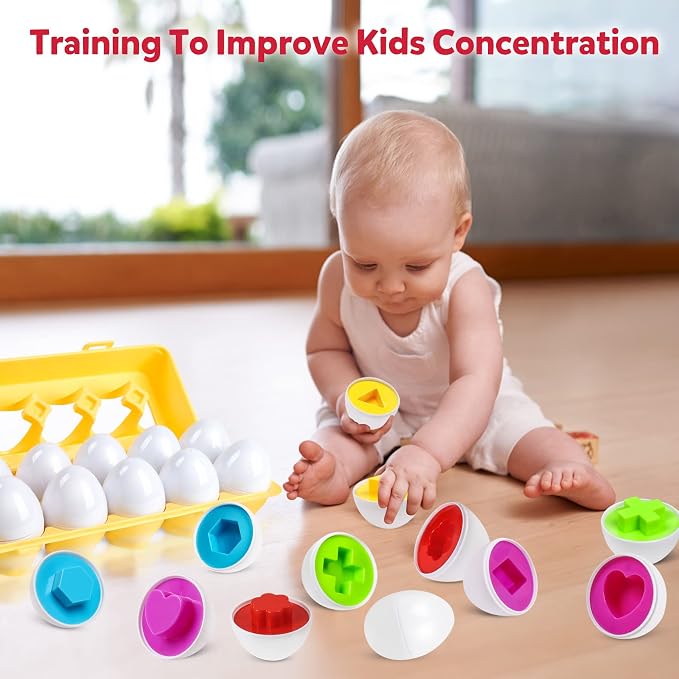 Matching Eggs Color and Shape Recoginition Sorter Puzzle Easter Eggs Sensory Toys Early Learning Educational Fine Motor Skill Montessori Geometric Eggs for Toddlers Boys Girls (12 Shape Eggs)