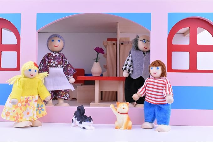 Jzszera Wooden Dollhouse People, 2-4 inches Doll House Dolls Family with 2 Pets (Dog and Cat)