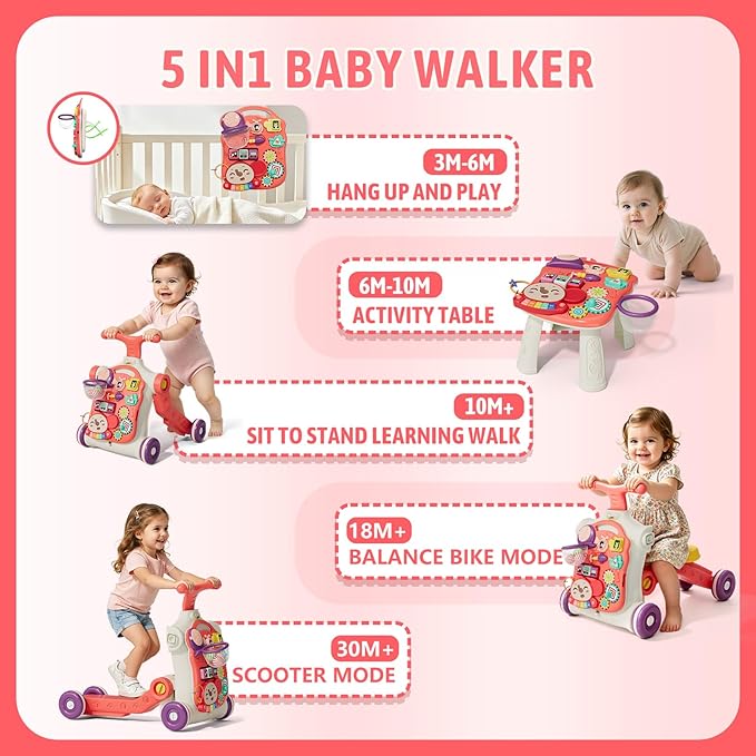 QDRAGON 5 in 1 Walker for Baby Girl, Baby Push Walkers, Assemble as Scooter/Motorbike/Activity Center/Detachable Panel, Walking Toys for Infants, Red