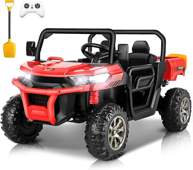 24V 4WD Ride on Car Dump Truck w/4X200W Motor, 2 Seaters, Gift Flower, 2.4G Remote Control, Bluetooth Music, LED Light, 24 Volt Ride on Toy Cars for Big Kids, Red