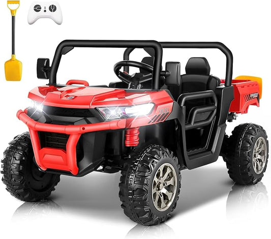 24V 4WD Ride on Car Dump Truck w/4X200W Motor, 2 Seaters, Gift Flower, 2.4G Remote Control, Bluetooth Music, LED Light, 24 Volt Ride on Toy Cars for Big Kids, Red