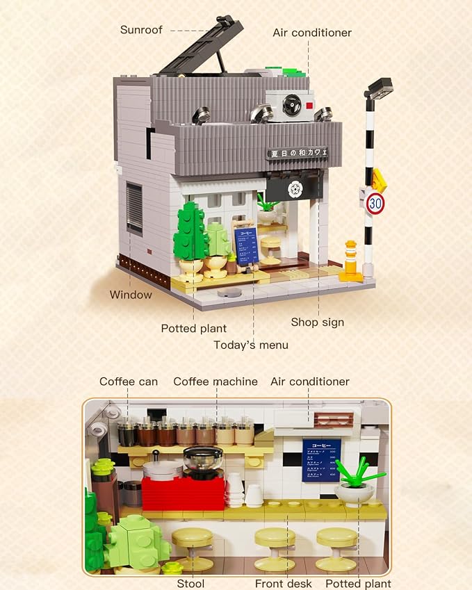 Japanese Summer Breeze Coffee House Building Block Set, MOC City Café Shop with LED Lights, Architecture Construction Model for Adults Teens Boys Girls (1108PCS)