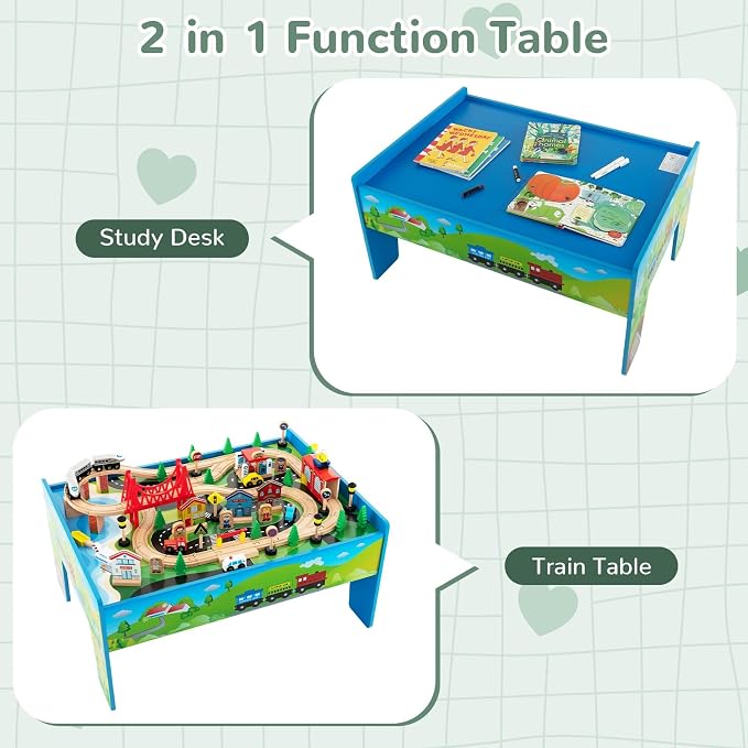 INFANS Train Table, 80 Pieces Wooden Kids Activity Toy Table Playset with Reversible Detachable Tabletop, Tracks, Train, Railway, City, Gift for Toddler Boys Girls Ages 3+ (32.5" x 23.5" x 16")