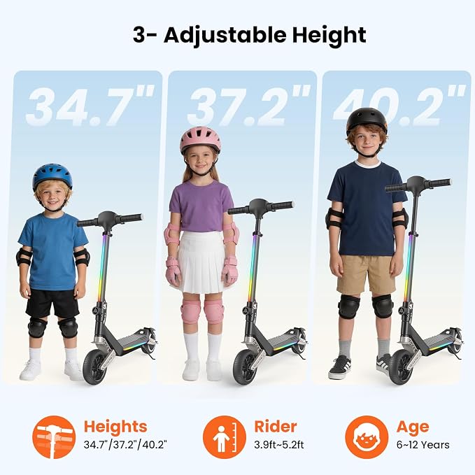Electric Scooter for Kids Ages 6-12, Shock Absorption, 3/6/10 MPH, 3 Heights, 150W Motor, 6.5" Solid Tire, Foldable Lightweight Kids Electric Scooter with LED Display, Bluetooth & RGB Lights